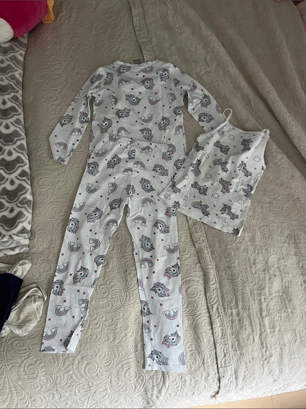 H&M White Unicorn & Rainbow Pajama 3 3 pieces Set with Pink and Purple Accents